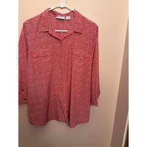 Liz Claiborne Petite Women's Red White Print 3/4 Sleeve Button‎ Down Top